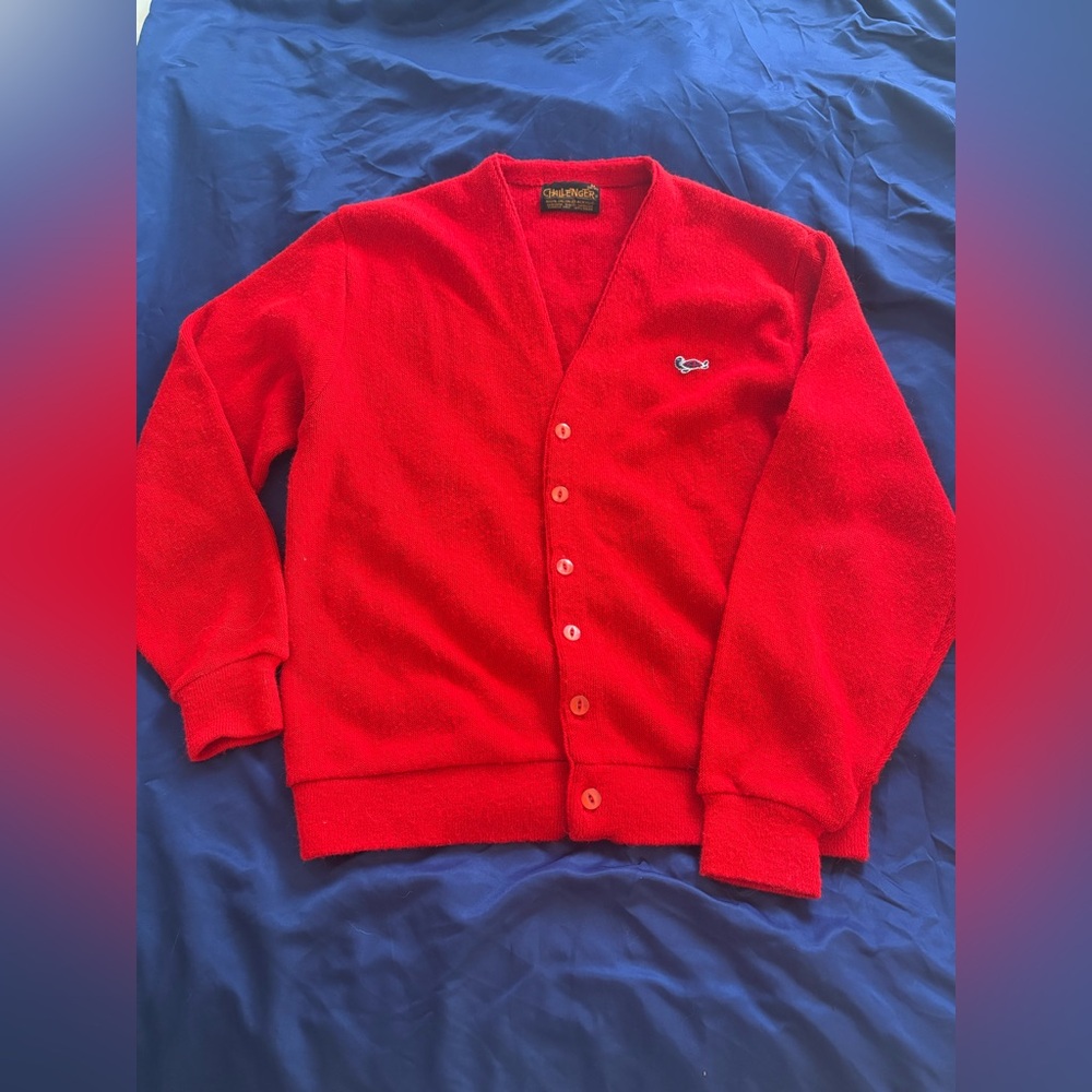 Vtg 60s 70s Sweater TURTLE Logo Red Mid Century Cardigan Challenger MENS M